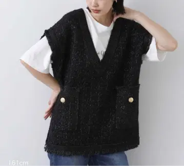 트위드 라이크 V넥 베스트 Gready Brilliant 블랙 라메