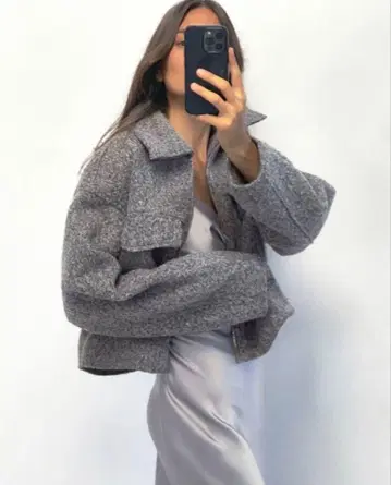 ZARA 부클레 크롭 자켓 그레이 숏 자켓 카라 부착 XS
