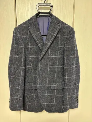 블루 그레이 계열 체크 트위드 자켓