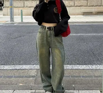 SNS에서 화제, 반짝이는 데님 오로라 큐빅 빈티지 루즈 데님 팬츠
