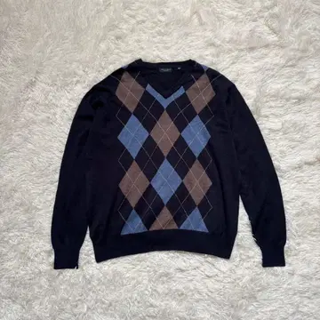 [디자인 니트] 아가일 무늬 네이비 브라운 파랑 XL 해외 구제 의류