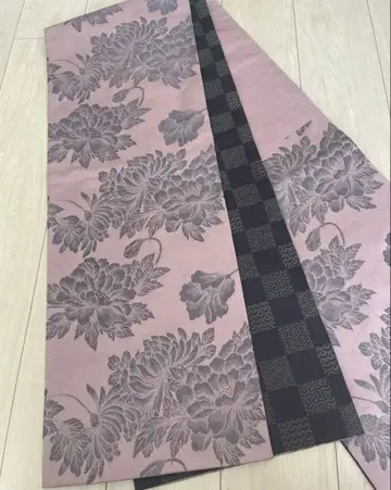 후쿠로 오비 코무사데모도 핑크 브라운 꽃무늬 모란 순수 실크