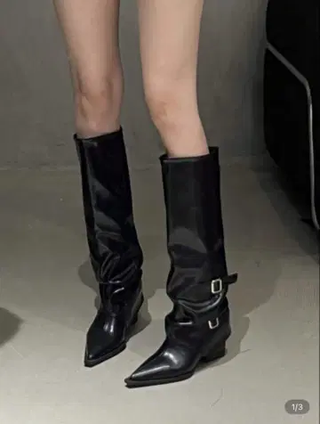 버클 장식 블랙 롱 부츠
