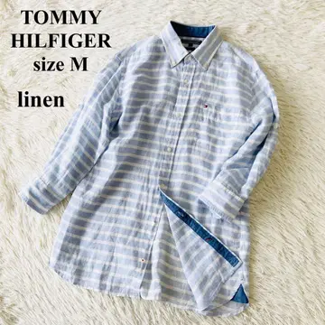 미사용품급 tommy 프리미엄 린넨 셔츠 상큼한 스카이블루 보더 린넨 M