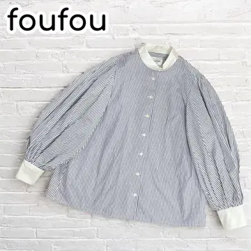 foufou 밴드 카라 스트라이프 코튼 셔츠 볼륨 소매 긴팔