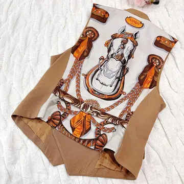 스카프 패턴 베스트 카멜 말 홀스 무늬 울 베스트