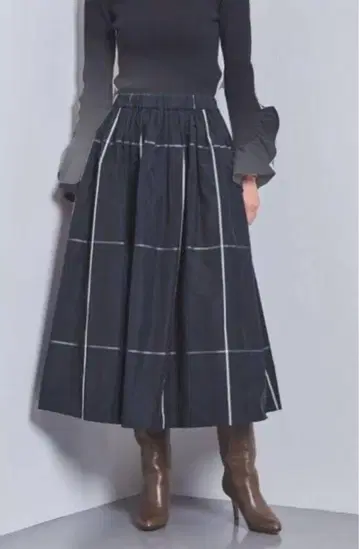UNITED ARROWS 네이비 체크 개더 플레어 스커트 38