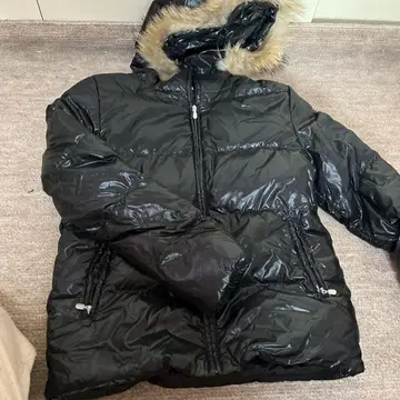 블랙 후드 부착 다운 자켓 L