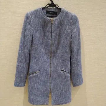 ZARA 트위드풍 노카라 롱 자켓 블루 계열 전면 지퍼 부착