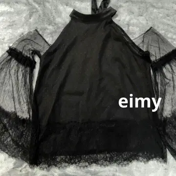 eimy 블랙 백리본 도트 튤 블라우스