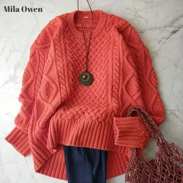 미라 오웬 오렌지 컬러 케이블 니트 스웨터 양모 혼방 루즈핏