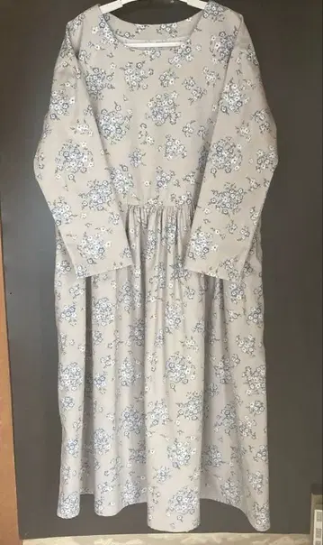 롱 개더 원피스 코튼 네모필라 패턴 핸드메이드