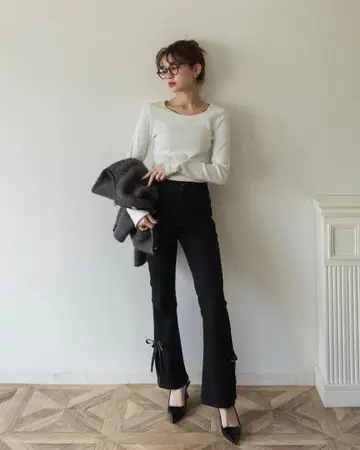 side slit denim ribbon pants RANCLIC