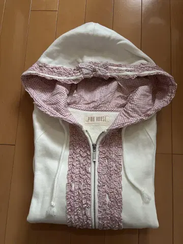 레어 핑크하우스 깅엄 체크 프릴 후드티