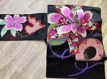 앤티크 나고야 오비 꽃무늬 자수 블랙 베이스 능직
