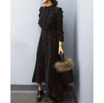 아메리 빈티지 도트 무늬 프릴 롱 원피스
