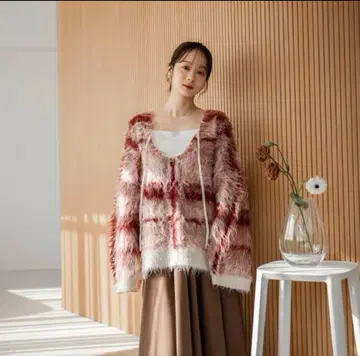 mideal check shaggy knit pullover