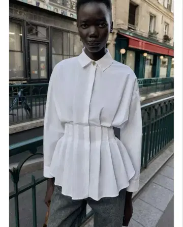 ZARA 플리츠 포플린 셔츠 XS