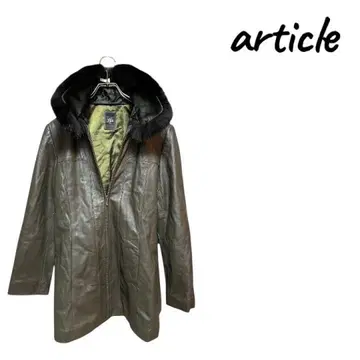 카키 가죽 코트 목 부분 퍼 포함 L 사이즈 상당