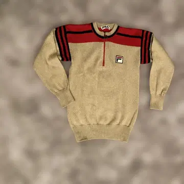 FILA 집업 니트 스웨터 베이지/빨간색 쇼와 레트로 여성용