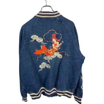 구제 데님 스카잔 일본풍 패턴 소매 자수 블루종 아우터 L 자켓