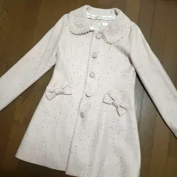 리본 포함 핑크 트위드 롱 코트