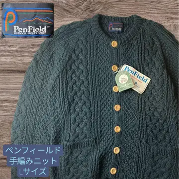 펜필드 손뜨개질 L 다크 그린 아란 편직 피셔맨 스웨터