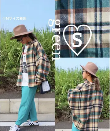 시마무라 nozomi 체크 셔츠 기모 그린 S 사이즈