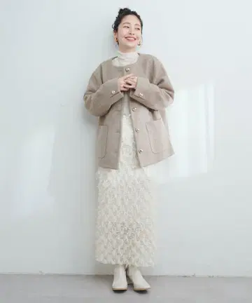 노카라 자켓 베이지 울 혼방 소재