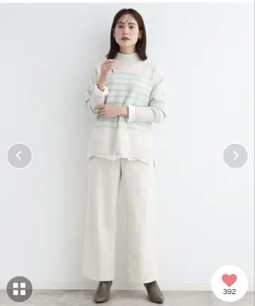 INDIVI 라이트 그레이 x 민트 그린 보더 니트