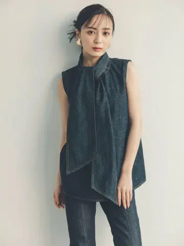 anuans 아뉴앙스 데님 보타이 블라우스 슬리브리스 상의