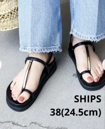SHIPS T 스트랩 샌들 38 사이즈 24.5cm 블랙