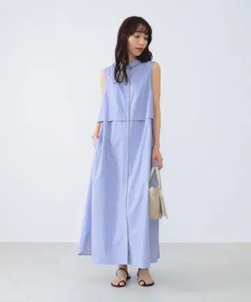 누키테파 별주 스트라이프 슬리브리스 셔츠 원피스