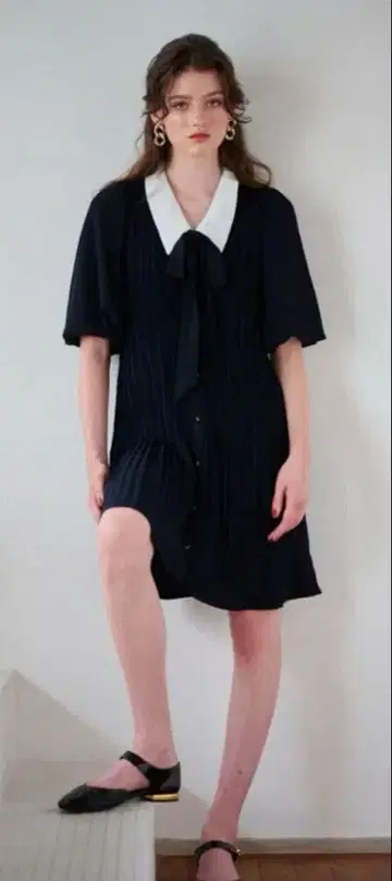 Estella.K 플리츠 보우 드레스 네이비