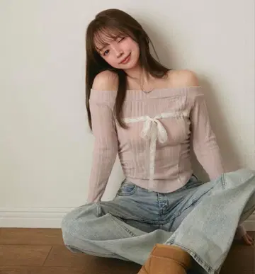 andmary Della ribbon tops pink 오프숄