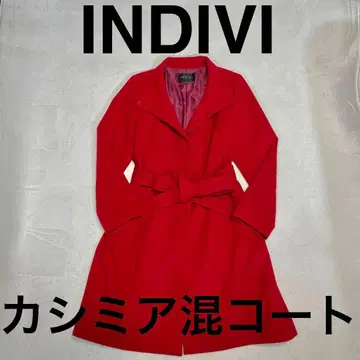 INDIVI 캐시미어 혼방 롱 코트 빨간색 42 XL 울 벨트 포함