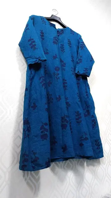 blue willow 린넨 레트로 패턴 A 라인 튜닉 원피스