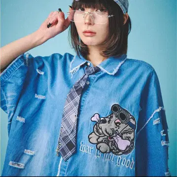 [ GALFY ] 갈피 병에 물든 반전 데님 셔츠 대형견 XL