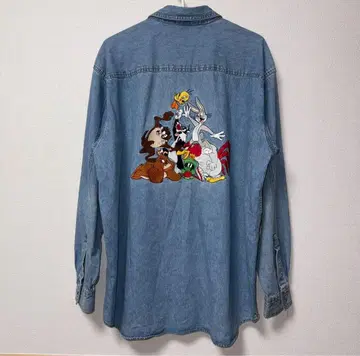 90s 루니툰 백 자수 데님 셔츠 L 사이즈