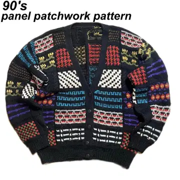 구제 의류 unkown 패치워크 디자인 니트 가디건 블랙 하운드투스