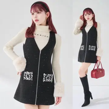 다리치 프론트 지퍼 트위드 미니 원피스