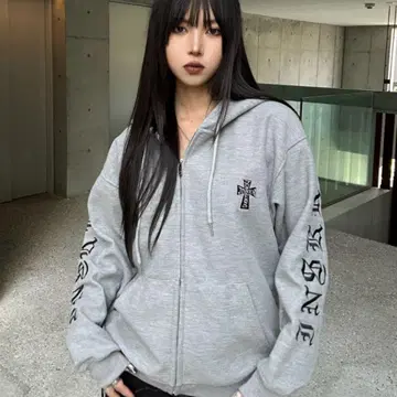 오버 사이즈 서멀 크롬 후드 지퍼 후드티 그레이 S