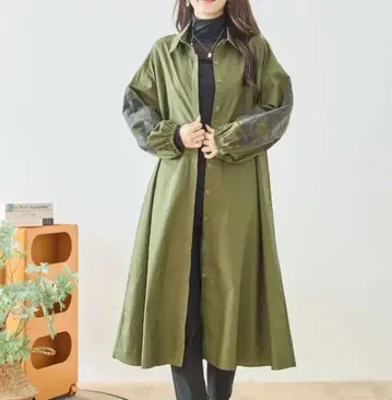 [카키) TRUBE 플라워 슬리브 셔츠 원피스