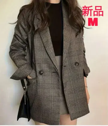 [ 새상품 ] 글렌체크 더블 테일러드 자켓 브라운 M 소매 슬릿