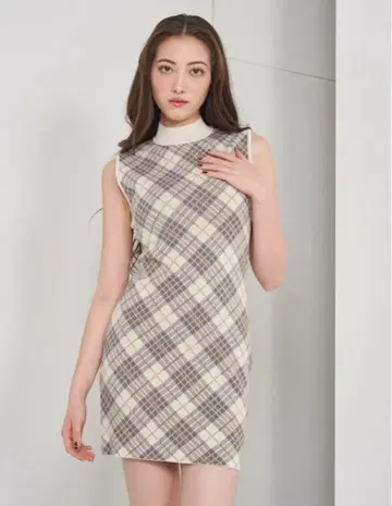 Darich 체크 자카드 슬리브리스 니트 미니 원피스 FL 사이즈