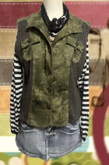 헤이세이 갸루 y2k 베스트 페어리 그런지 카키 베스트 모리걸