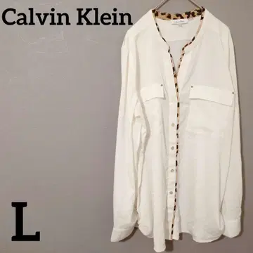 Calvin Klein 캘빈클라인 L 화이트 긴팔 레오파드 옷깃 셔츠