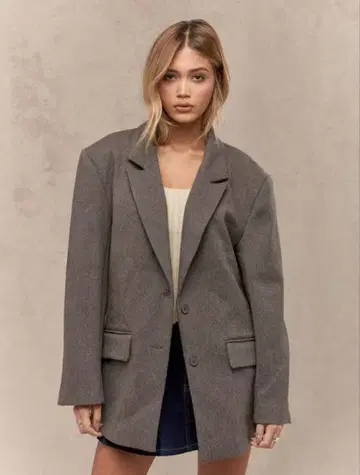 울 체크 무늬 롱 기장 블레이저 브라운