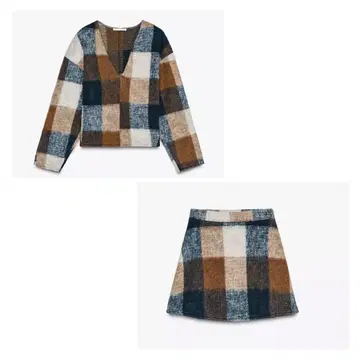미사용 새상품 ZARA(자라) 브라운 체크 무늬 상의 스커트 상하의 셋업
