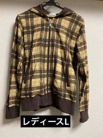 체크 무늬 후드 부착 여성용 후드티 L